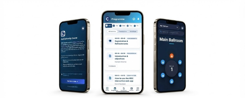 HDC Interactive Web App running on three iPhones - Login, Daily Programme, and Delegate Table Seating